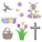 Isolated easter collage with egg basket bunny tulip flowers green grass butterflies cross and dove