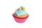 isolated easter cupcake with blue frosting and chocolate mini eggs