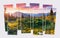 Isolated eight frames collage of picture of colorful summer sunrise in Carpathian mountains.