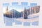 Isolated eight frames collage of picture of frosty mountain valley. Bright snowy landscape of Carpathians.