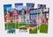 Isolated eight frames collage of picture of Wolfenbuttel village. Facade of authentic fahverk houses, Germany