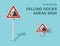 Isolated european falling rocks ahead sign. Front and top view.