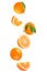 Isolated falling orange fruit on white