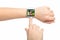 Isolated female hands with smartwatch video call