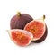 Isolated figs. Ripe juicy raw fig fruit and cut slice and half with pulp and seeds isolated on white background, close-up