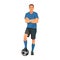 Isolated figure of football player in blue equipment stands upright with his foot on the ball