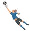 Isolated figure of a girl football goalkeeper jumping high in the goal to save the ball with her hand