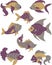 Isolated fish set. Set of freshwater aquarium cartoon fishes. Purple, gold, violet and grey colors. Flat design fish.
