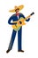 Isolated Flat cartoon of a mexican man playing guitar in sombrero on a white background, hand drawing doodles vector