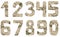 Isolated Font set of numbers 0-9 from zero to nine made of crumpled silver foil on white background
