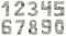 Isolated Font set of numbers 0-9 from zero to nine made of crumpled titanium foil on white background