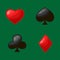Isolated four card suits for poker game in casino, symbol of red Hearts, Diamonds and black Clubs, Spades gambling