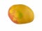 The isolated fruit of a ripe mango of an oblong form of yellow, pink and lime shades.