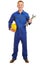 Isolated full body builder with helmet and boiler suit