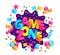 Isolated game zone banner sticker with fun text, star candy confetti explosion and colorful bubbles