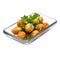 Isolated glass tray with delicious cod fritters with parsley on a cutout PNG transparent background