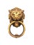 Isolated gold lion head, door knocker with the ring on its mouth on the entrance of a house, Malta. Italian traditional doorknob