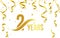 Isolated golden color number 2 with word years icon on white background with falling gold confetti and ribbons, second