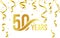 Isolated golden color number 50 with word years icon on white background with falling gold confetti and ribbons, 50th