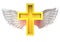 Isolated golden cross with angelic wings transport on white