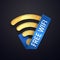 Isolated golden wifi vector icon with blue ribbon . Gold free wi fi wireless symbol. Textured wi-fi logo on dark background