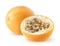 Isolated granadilla fruits. Whole granadilla (grenadia, passion fruit) and half isolated on white