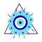 Isolated Greek amulet of the evil eye in the pyramid.Turkish amulet with blue eyelashes and protection in a triangle