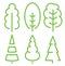 Isolated green color old tall trees illustrations. Lineart style vector forest icon and logo set. Park and garden flat