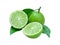 Isolated green lemons with half cut and leaves a sour fruit ingredient for healthy food and juice or beverage