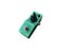 Isolated green mini overdrive, distortion stompbox electric guitar effect for studio and stage performed on white background