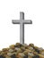 Isolated grey wooden cross and burial pile of rocks christian symbol of resurrection