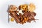 Isolated grilled meat and beer appetizers platter