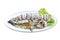 Isolated Grilled squid in vegetables in the plate on a white background with clipping path