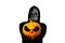Isolated grim reaper holding halloween pumpkin head. Man in death mask with fire flame in eyes and grin on white
