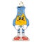 Isolated groovy character chemical flask in gloves in flat retro classic cartoon style of 60s 70s