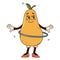 Isolated groovy character pear with hula hoop in gloves in flat retro classic cartoon style on white background.