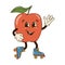 Isolated groovy character red apple in gloves on roller skates in flat retro classic cartoon style