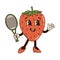 Isolated groovy character strawberry playing tennis in gloves in flat retro classic cartoon style