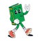 Isolated groovy character walking green book in gloves in flat retro classic cartoon style of 60s 70s