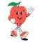 Isolated groovy character walking red apple in gloves in flat retro classic cartoon style of 60s 70s