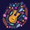 Isolated Guitar and Bright tropical leaves and flowers on blue background. Hand drawing folk flat doodles vector