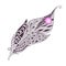 Isolated hand drawn black outline abstract ornate bird feather with pink stone on white background. Ornament of curve lines.