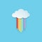 Isolated hanging cartoon rainbow colored ribbons with rainy cloud on the blue background. Paper art style.