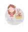 Isolated happy easter vector illustration with cute girl, basket, eggs, bunny and calligraphy lettering. unique spring easter card