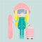 Isolated happy young blonde girl in warm clothes with snowbording glasses, a pink helmet, a snowboard and a suitcase