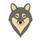 Isolated head of grey wolf on white background. Colored cartoon portrait.