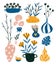 Isolated home decor elements in hand drawn style. Vector Scandinavian interior design. Potted flowers and vases with branches.