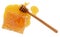 Isolated honey. Honeycomb beeswax with fresh liquid yellow honey and dipper spoon on white background