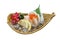 Isolated Hotate Sashimi : Raw Scallop Served with Ikura Salmon Roe with Sliced Radish and Lemon