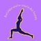 Isolated human silhouette stands in a yoga pose on violet background.  Vector sign of stands  at Crescent pose woman with aura